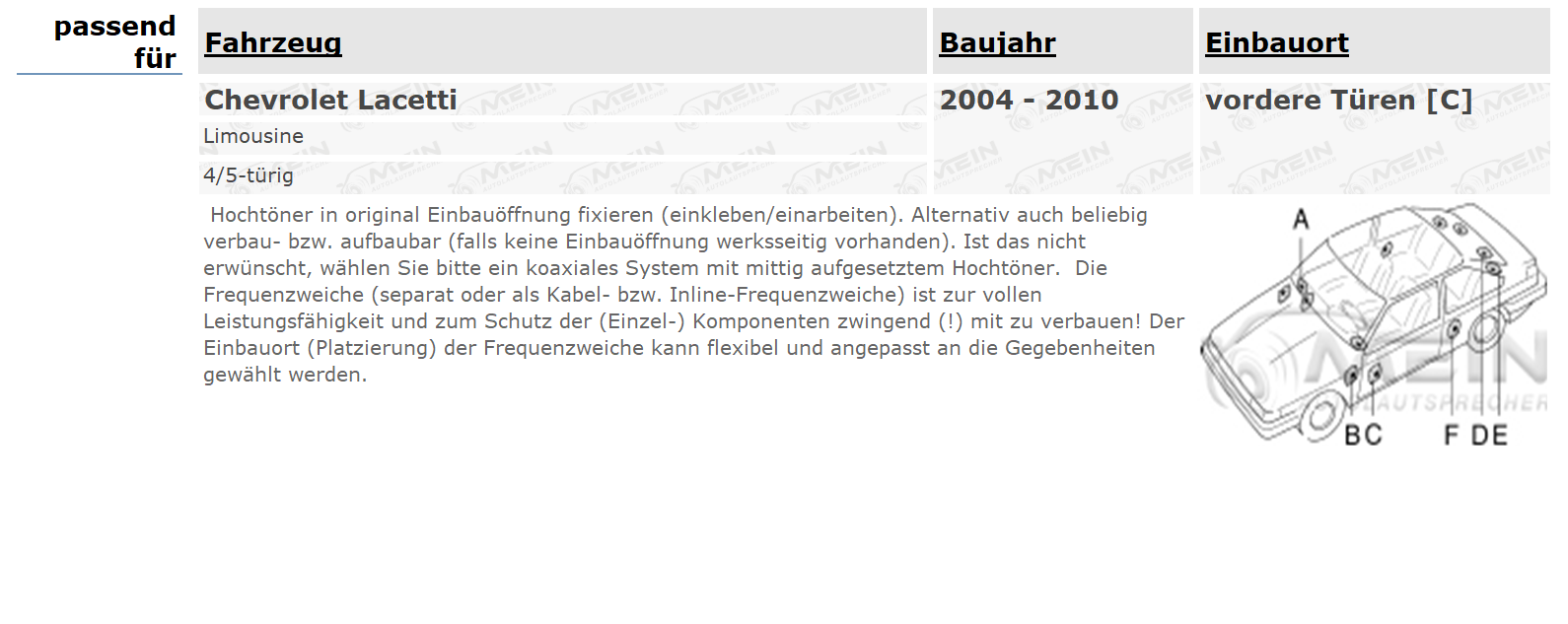 JBL LAUTSPRECHER für CHEVROLET LACETTI 2004-2010 Front Tür 2-Wege 200W