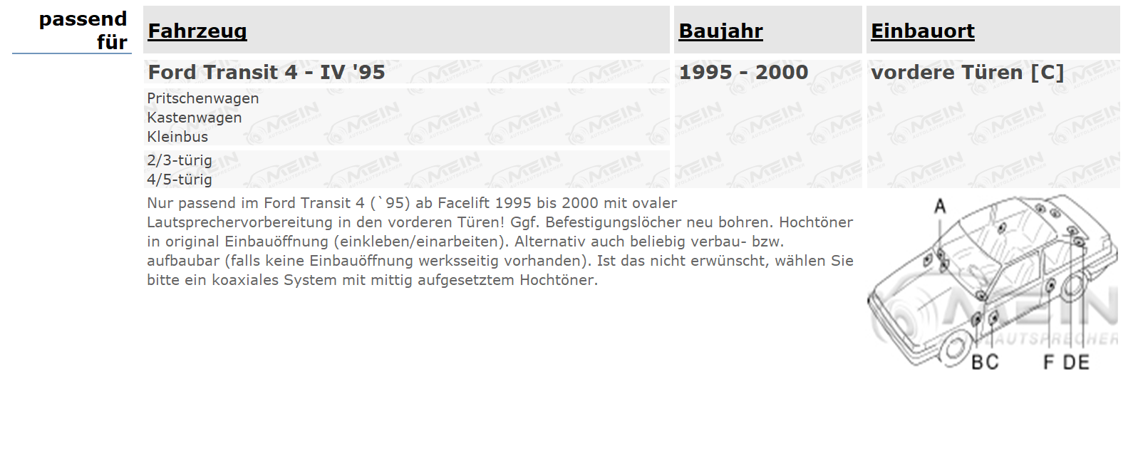 ALPINE LAUTSPRECHER für FORD TRANSIT 4 - IV '95 1995-2000 Front Tür
