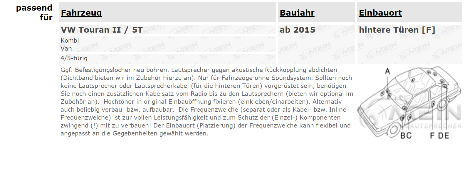 PIONEER LAUTSPRECHER für VW TOURAN II / 5T ab 2015 Tür Heck Kompo 350W