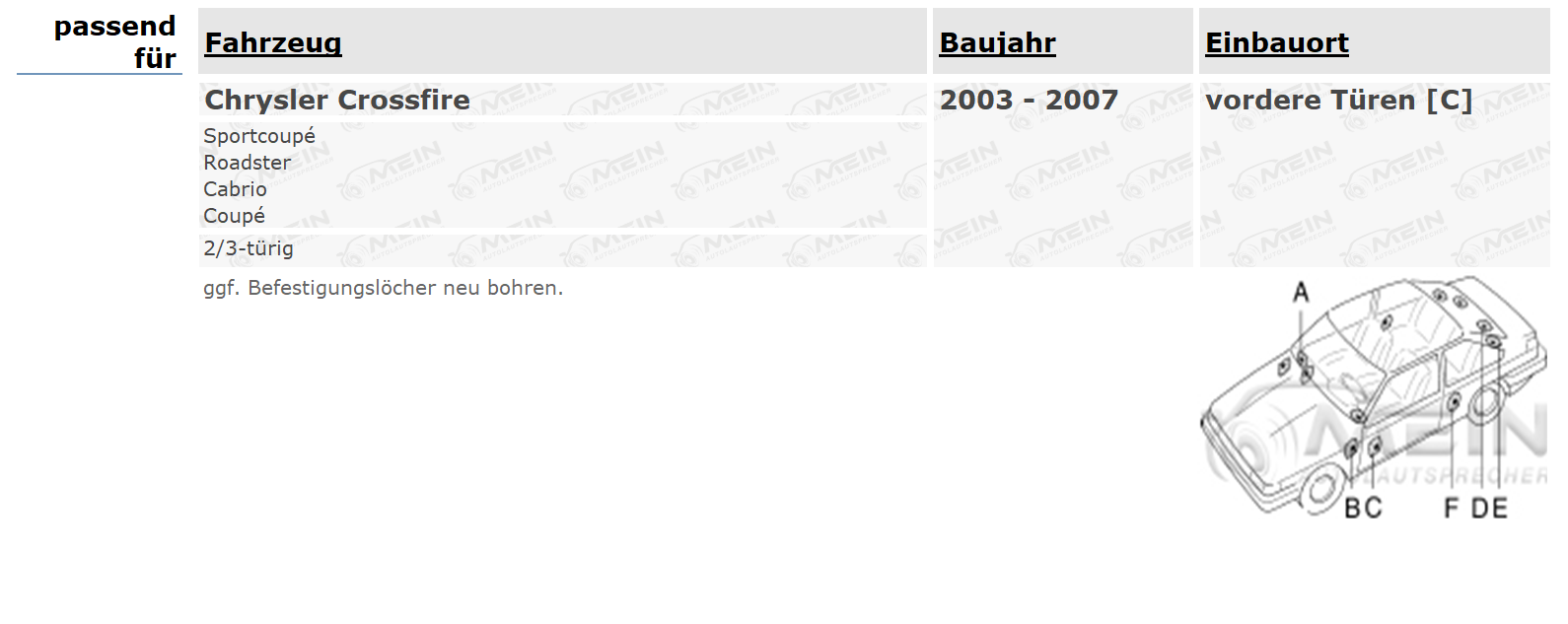 JBL LAUTSPRECHER für CHRYSLER CROSSFIRE 2003-2007 Front Vorn Tür 180W