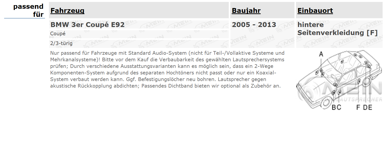 PIONEER LAUTSPRECHER für BMW 3ER Coupé E92 2005-2013 Heck Hinten 190W