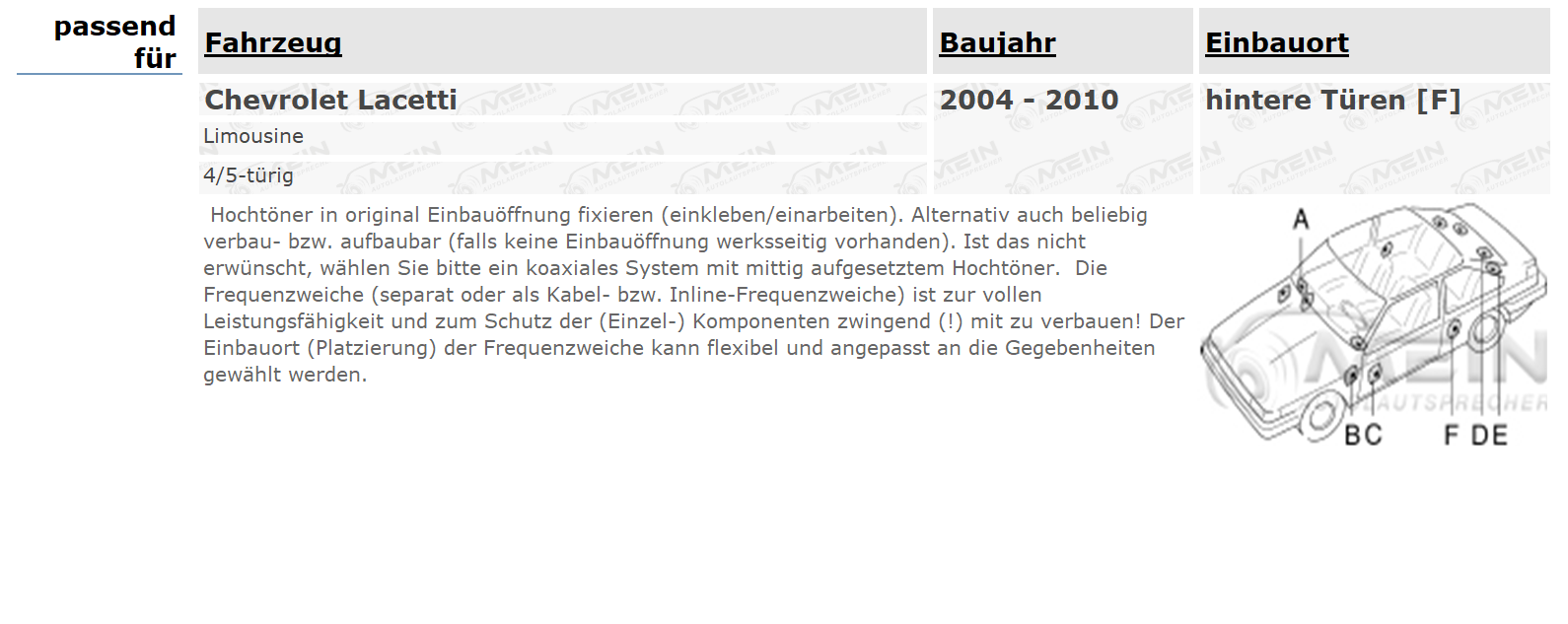 JBL LAUTSPRECHER für CHEVROLET LACETTI 2004-2010 Heck Tür 2-Wege 250W