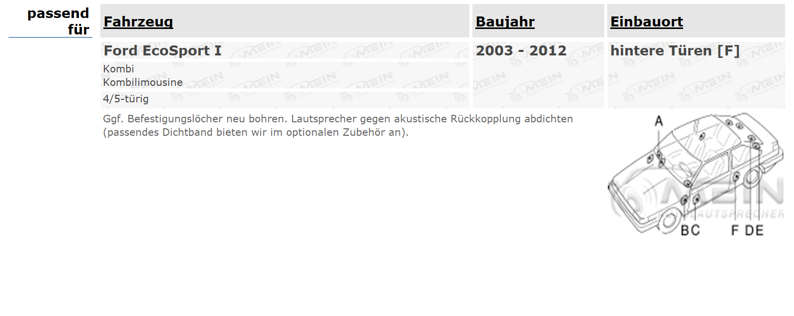 JBL LAUTSPRECHER für FORD ECOSPORT I 2003-2012 Tür Heck 2-Wege 135W