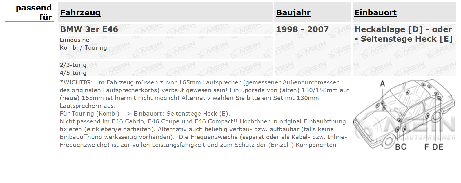 JBL LAUTSPRECHER für BMW 3ER E46 1998-2007 Heck Hinten 2-Wege 200W 165