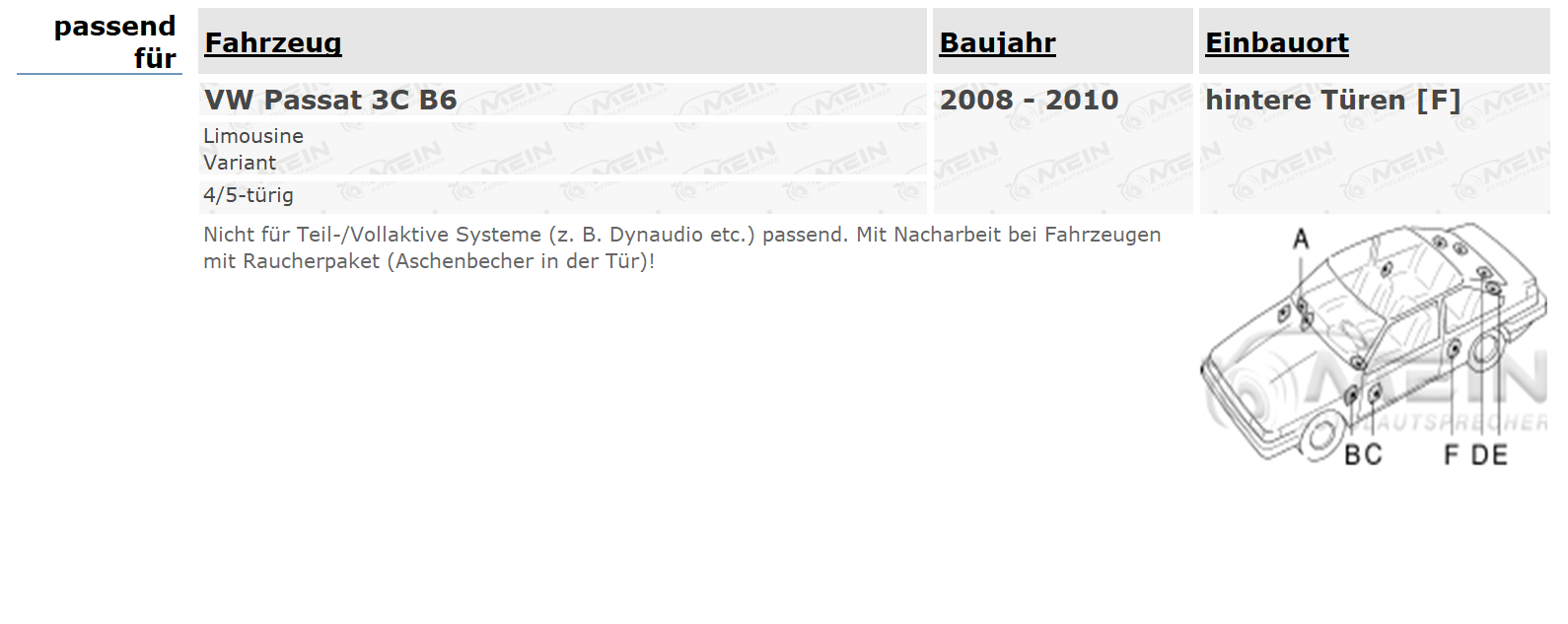 PIONEER LAUTSPRECHER für VW PASSAT 3C B6 2008-2010 Heck Hinten 300W