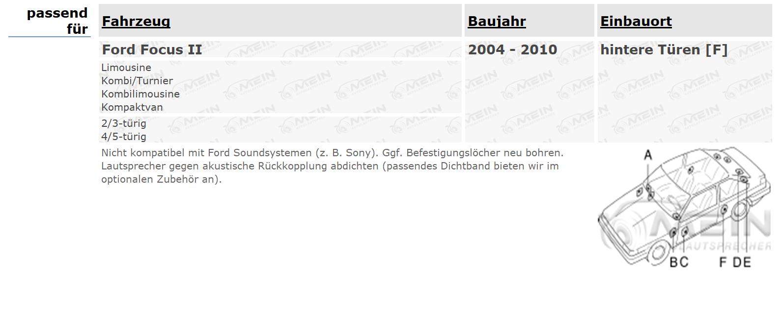 JBL LAUTSPRECHER für FORD FOCUS II 2004-2010 Heck Hinten 2-Wege 240W