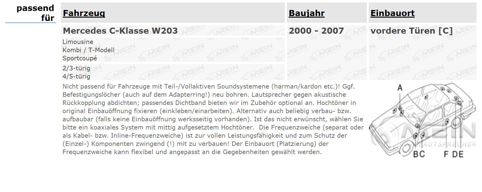 BLAUPUNKT LAUTSPRECHER für MERCEDES C-KLASSE W203 2000-2007 Front Vorn