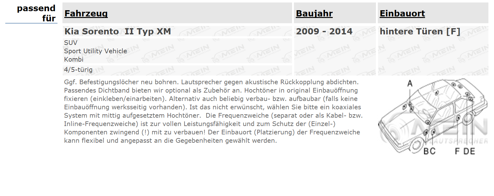 JBL LAUTSPRECHER für KIA SORENTO II Typ XM 2009-2014 Heck Tür 250W 165