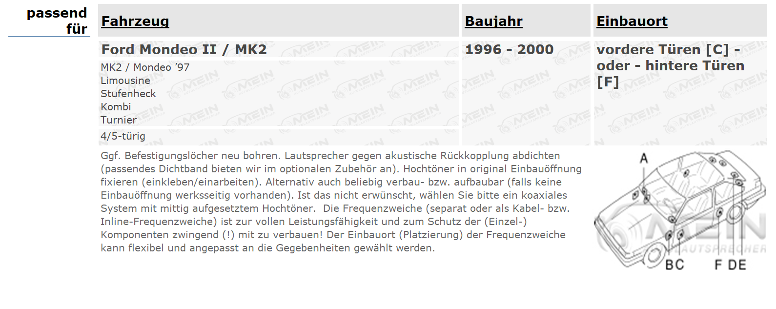 SINUSTEC LAUTSPRECHER für FORD MONDEO II / MK2 1996-2000 Front Heck