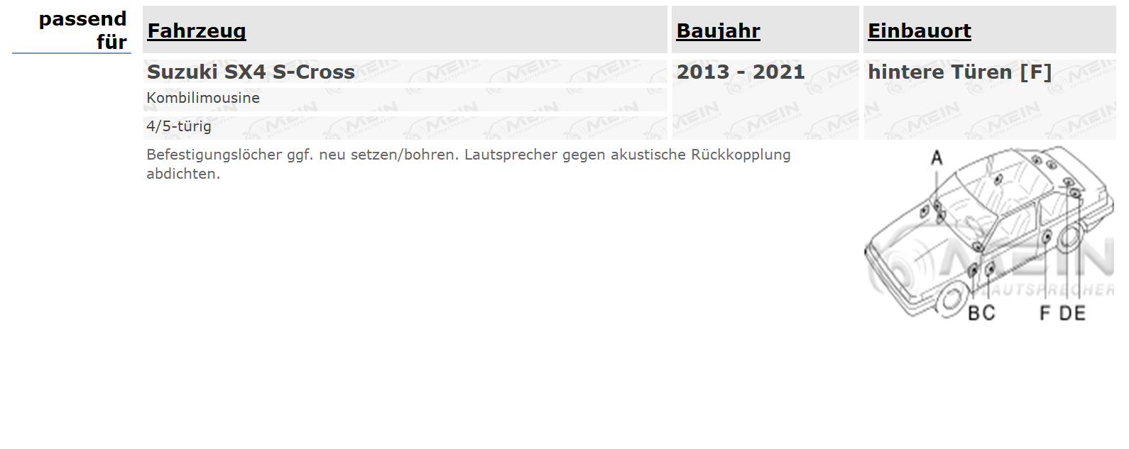 JBL LAUTSPRECHER für SUZUKI SX4 S-CROSS 2013-2021 Heck Tür 2-Wege 180W