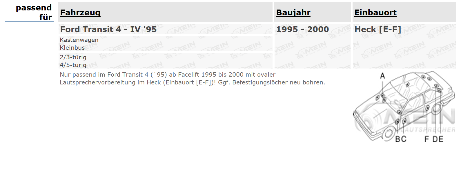JBL LAUTSPRECHER für FORD TRANSIT 4 - IV '95 1995-2000 Heck Hinten 165