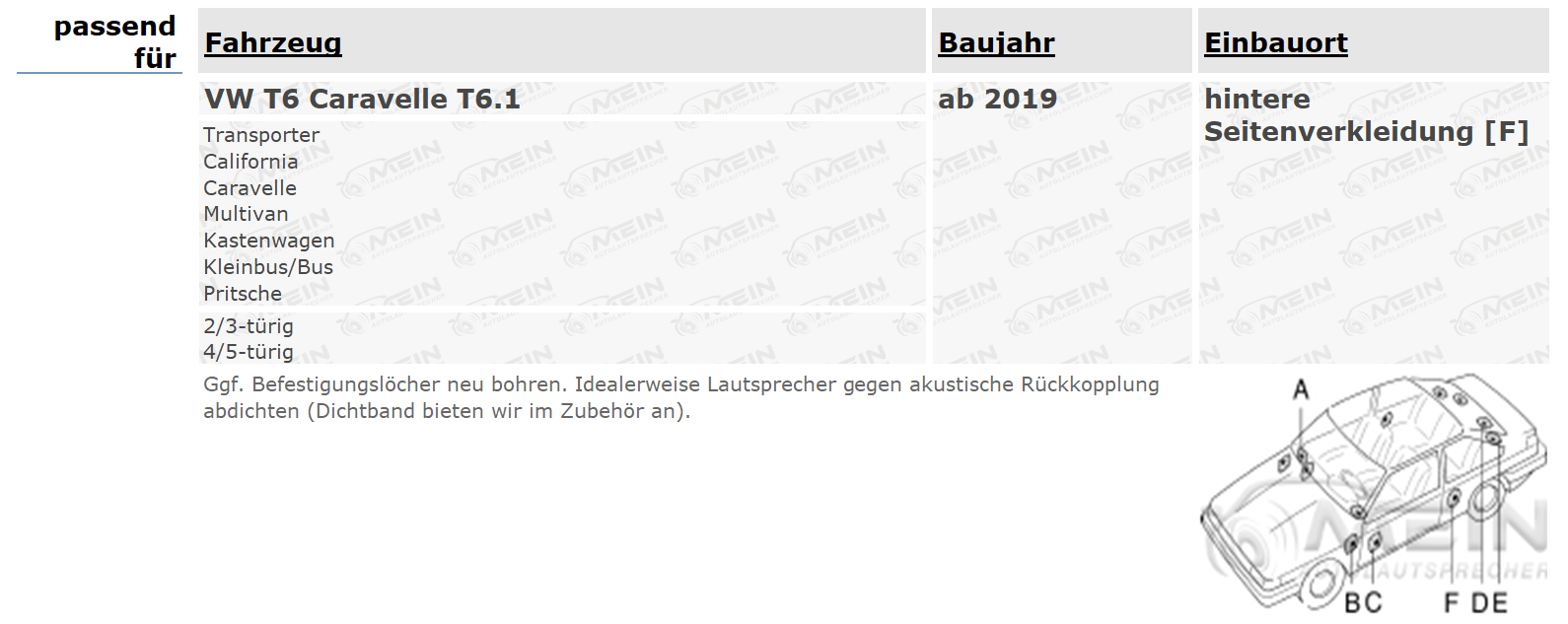 JBL LAUTSPRECHER für VW T6 Caravelle T6.1 ab 2019 Heck Seite Koax 225W