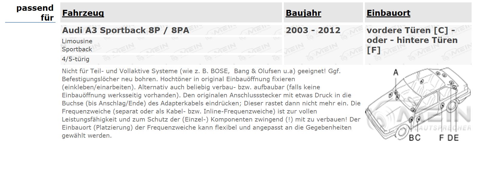 ALPINE LAUTSPRECHER für AUDI A3 Sportback 8P / 8PA 2003-2012 Front Tür