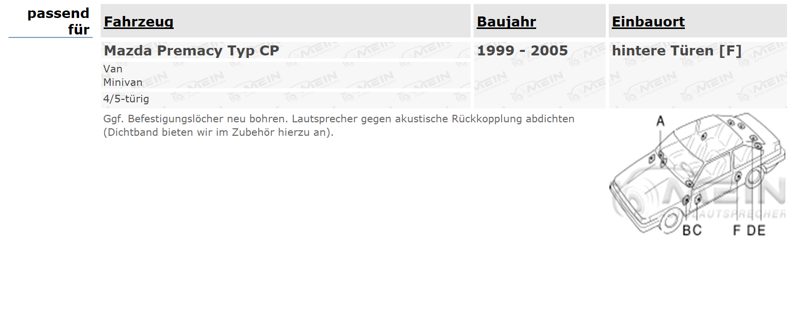 JBL LAUTSPRECHER für MAZDA PREMACY Typ CP 1999-2005 Heck Tür Koax 210W