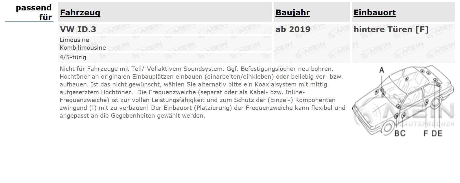 AUDIOCIRCLE LAUTSPRECHER für VW ID.3 ab 2019 Heck Tür 2-Wege 120W 165