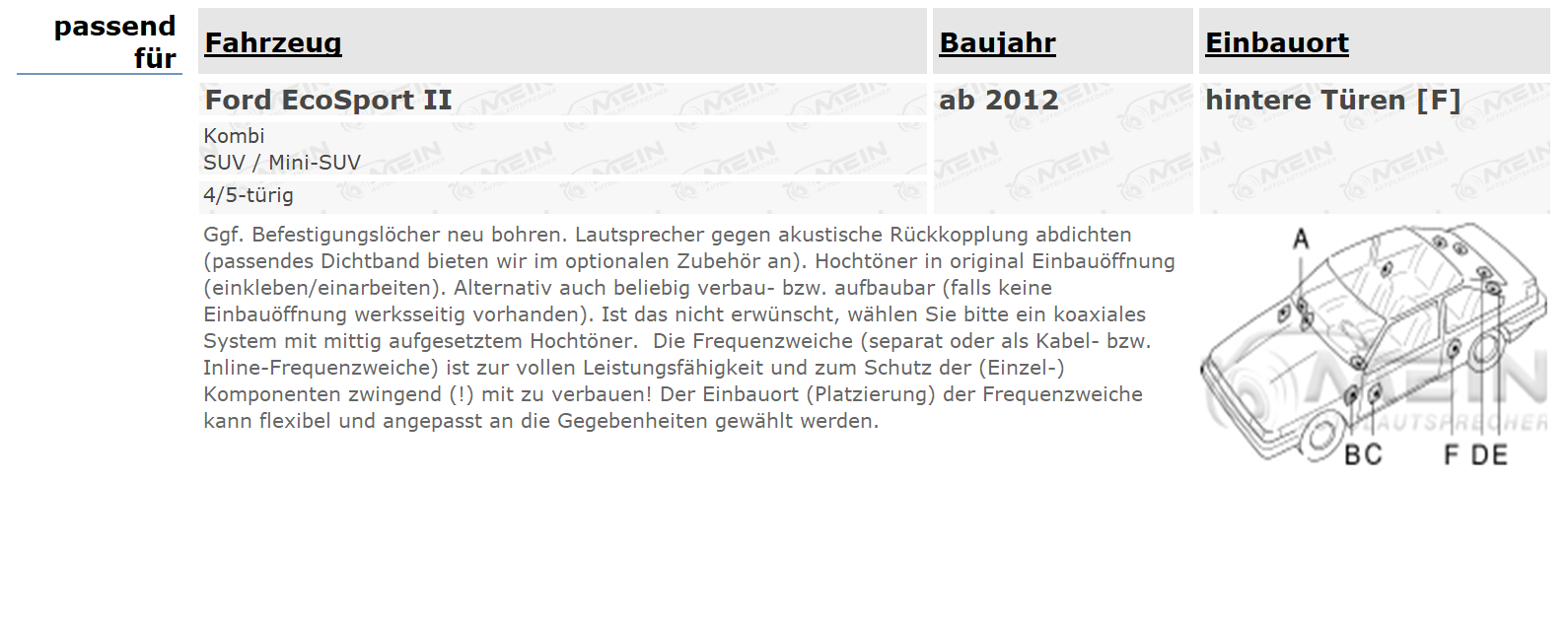 JBL LAUTSPRECHER für FORD ECOSPORT II ab 2012 Heck Hinten 2-Wege 180W