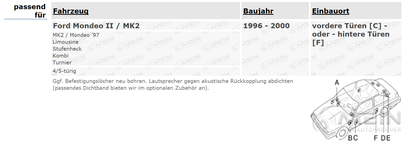 JBL LAUTSPRECHER für FORD MONDEO II / MK2 1996-2000 Front Heck 200W