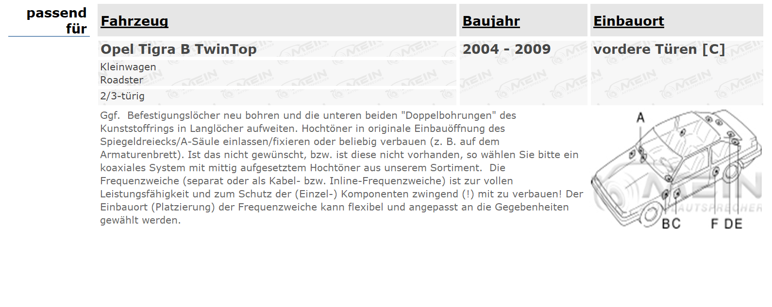 JBL LAUTSPRECHER für OPEL TIGRA B TwinTop 2004-2009 Front Vorn 200W