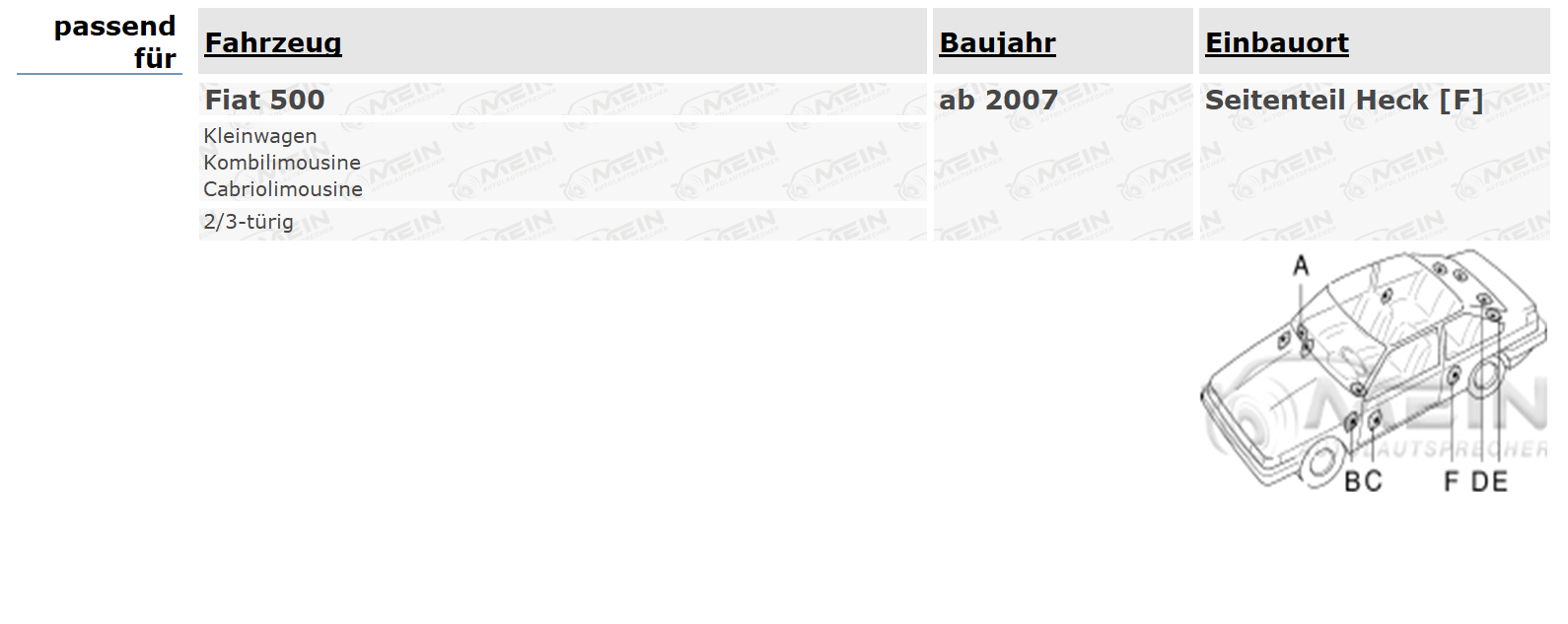 JBL LAUTSPRECHER für FIAT 500 ab 2007 Heck Seite Hinten 2-Wege 225W