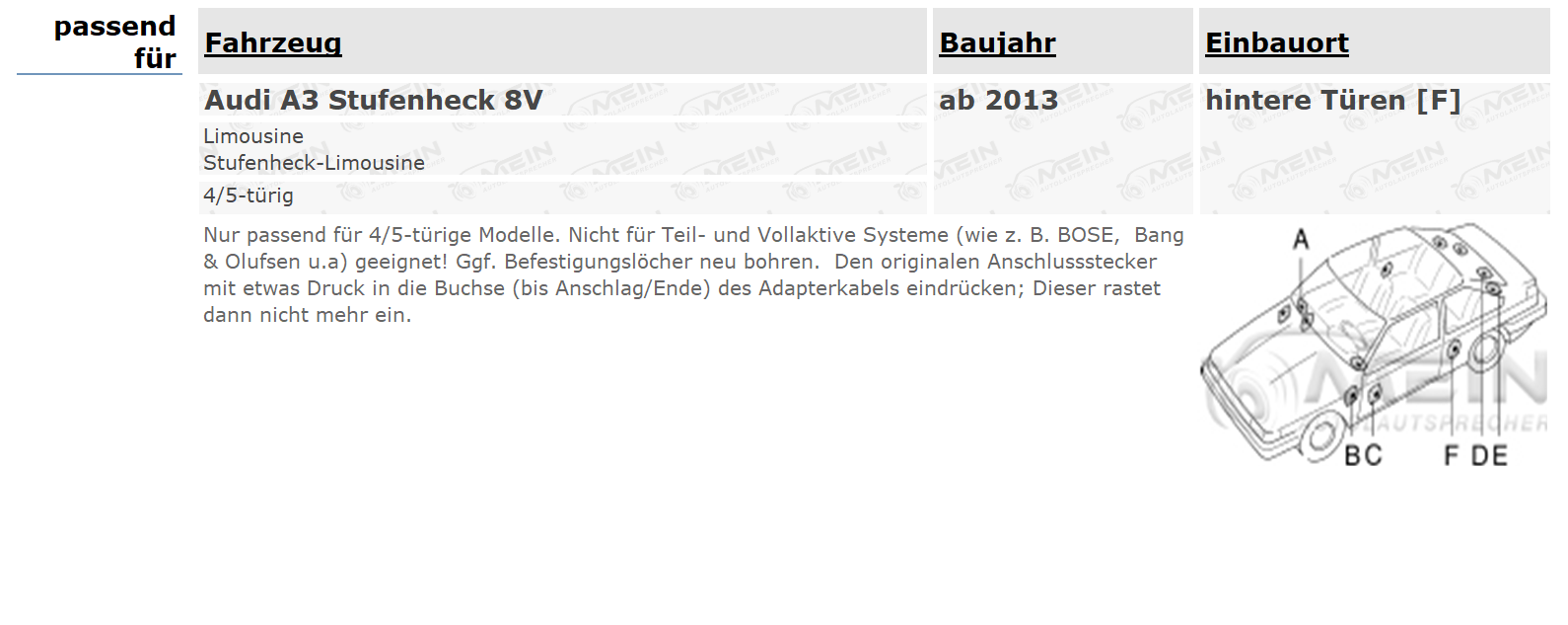 JBL LAUTSPRECHER für AUDI A3 Stufenheck 8V ab 2013 Heck Tür Koax 180W
