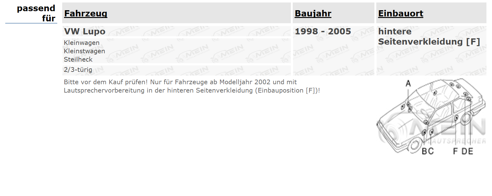 KENWOOD LAUTSPRECHER für VW LUPO 1998-2005 Heck Seite 2-Wege Koax 300W