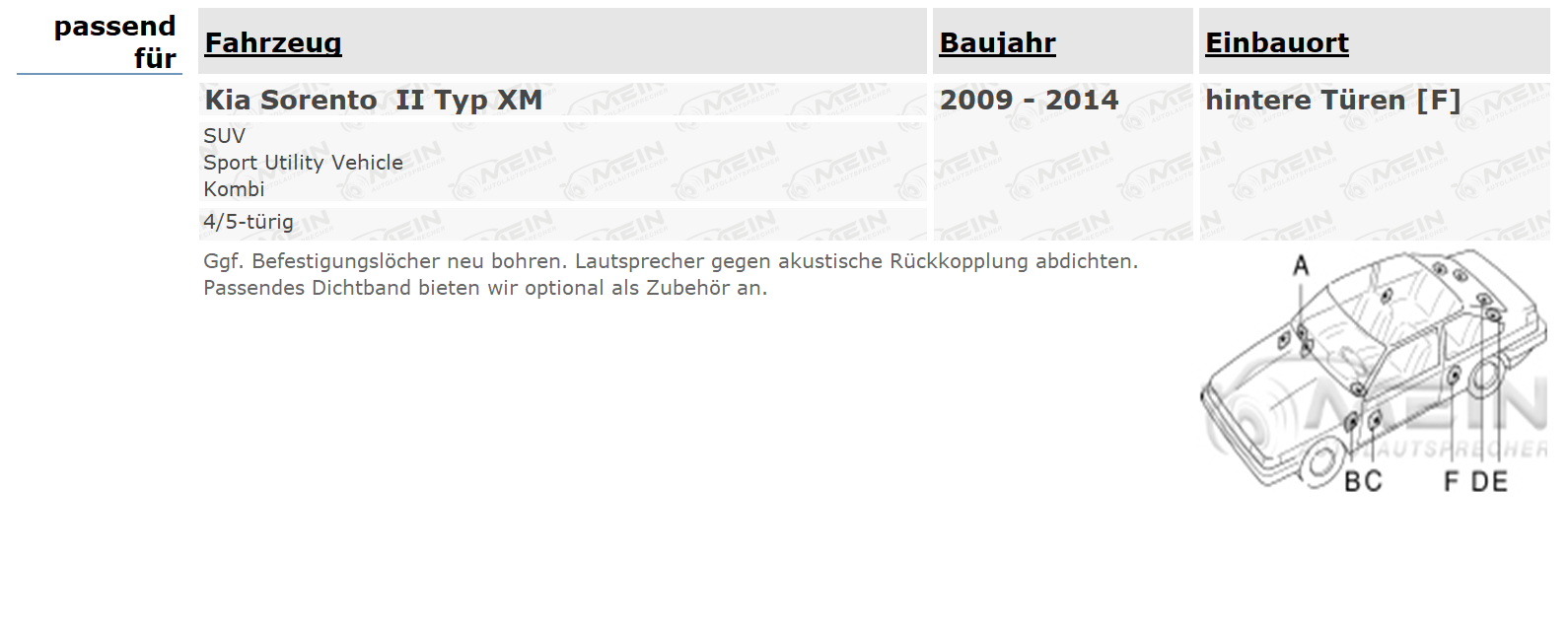 JBL LAUTSPRECHER für KIA SORENTO II Typ XM 2009-2014 Heck Tür 200W 165