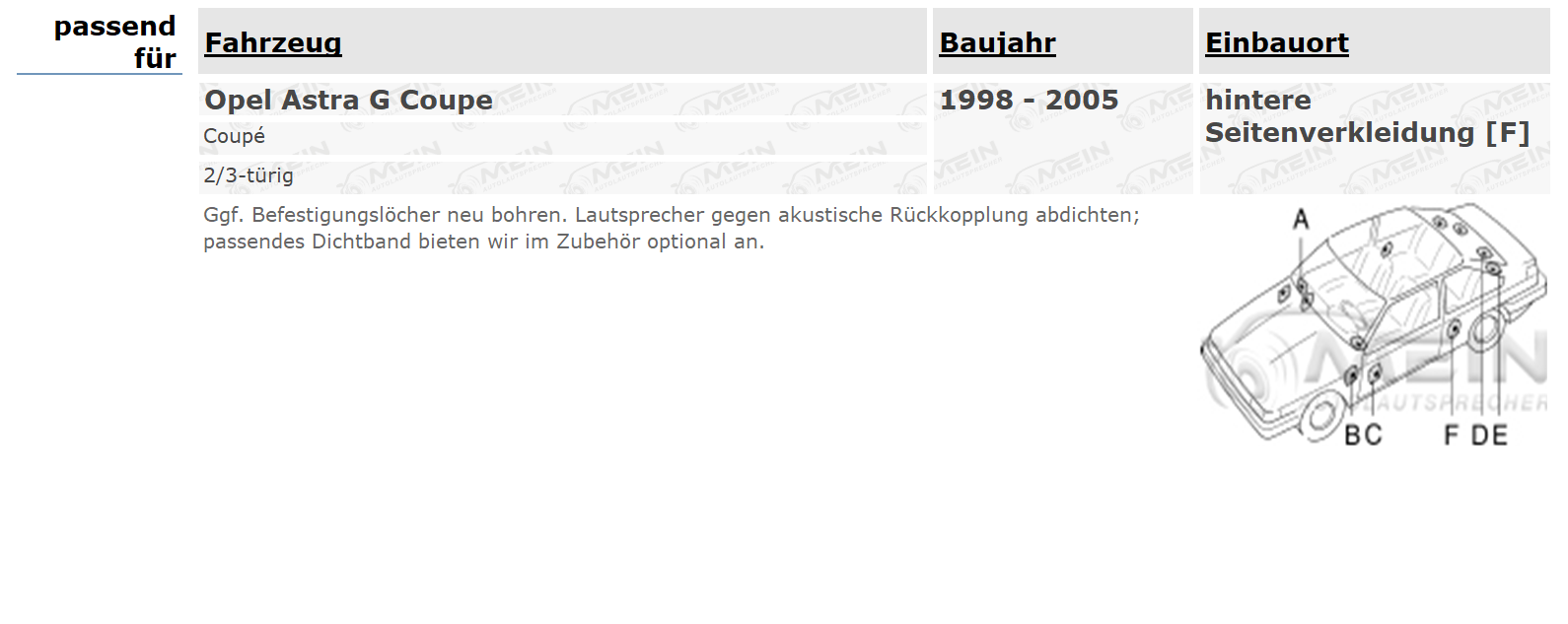 PIONEER LAUTSPRECHER für OPEL ASTRA G Coupe 1998-2005 Heck Seite 170W