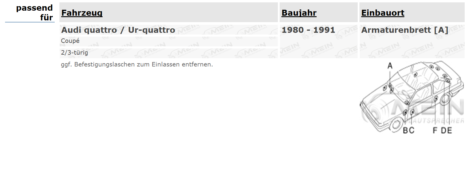 PIONEER LAUTSPRECHER für AUDI QUATTRO / Ur-quattro Armaturenbrett 210W