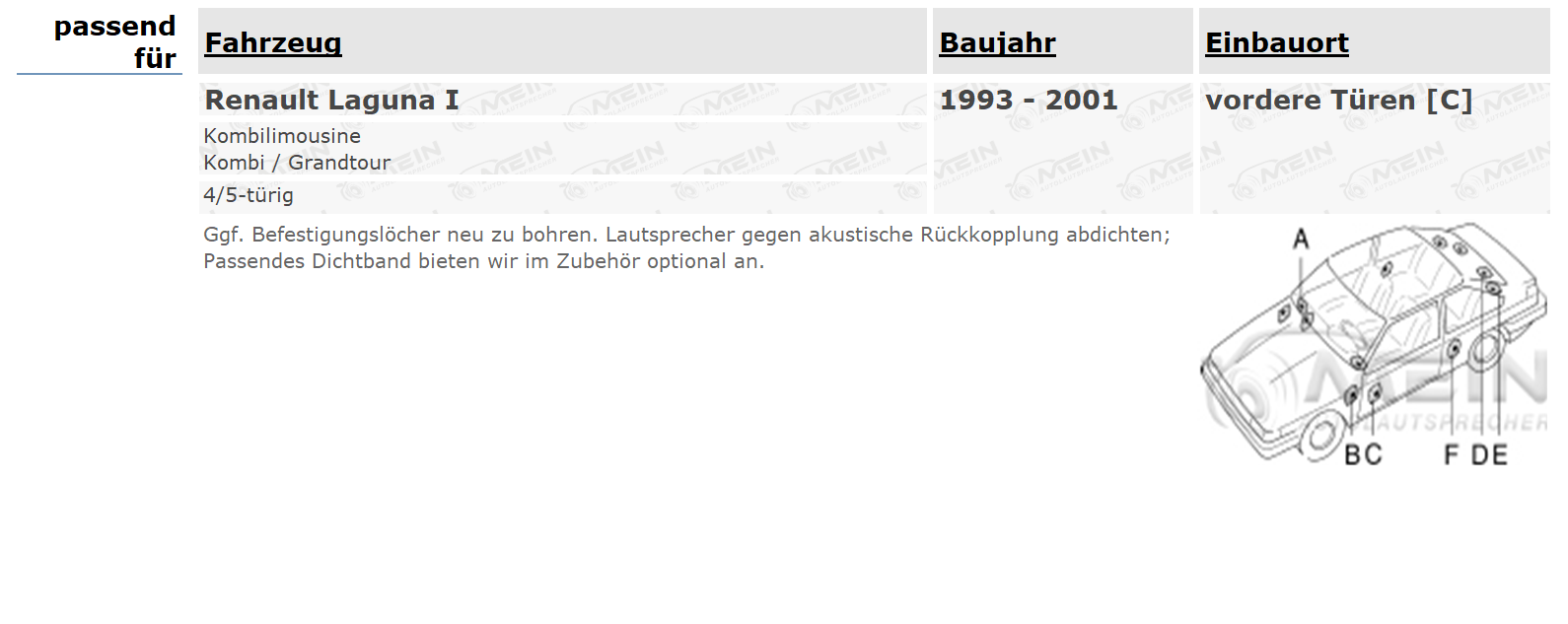 JBL LAUTSPRECHER für RENAULT LAGUNA I 1993-2001 Front Vorn 2-Wege 240W