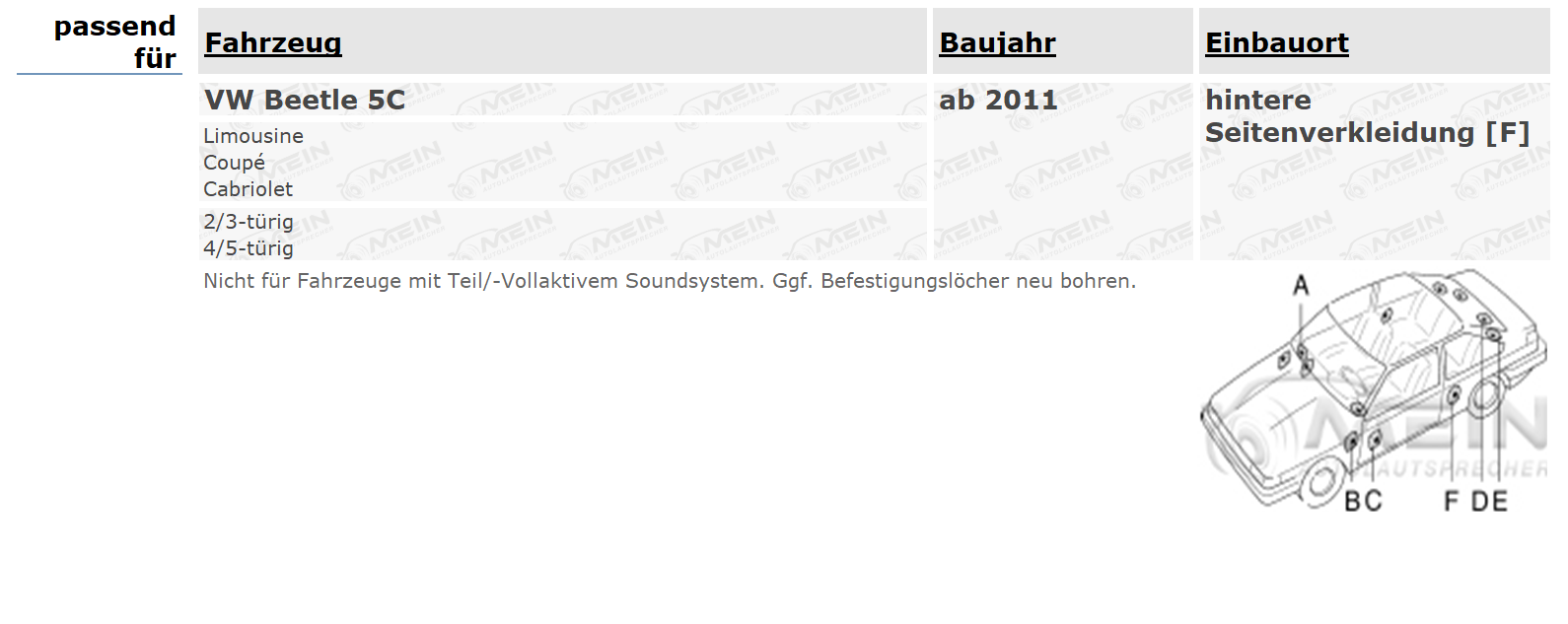 AUDIOCIRCLE LAUTSPRECHER für VW BEETLE 5C ab 2011 Heck Hinten 100W 165