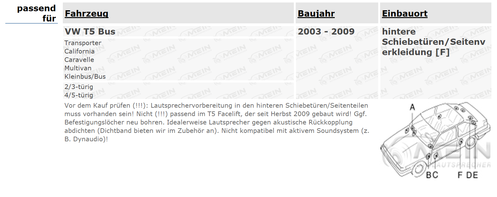 SINUSTEC LAUTSPRECHER für VW T5 Bus 2003-2009 Heck Hinten 2-Wege 300W