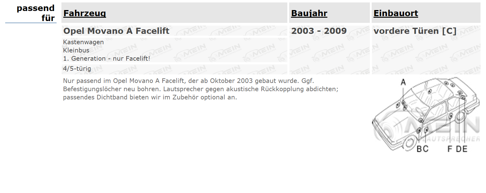JBL LAUTSPRECHER für OPEL MOVANO A Facelift 2003-2009 Front Tür 200W