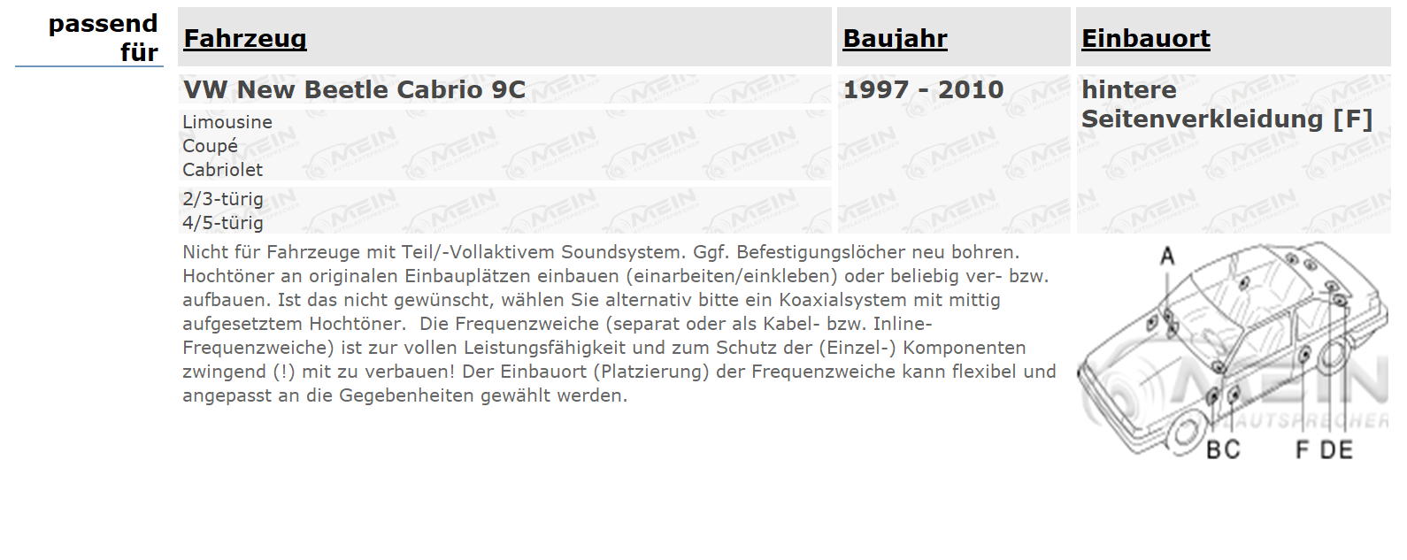 JVC DR LAUTSPRECHER für VW NEW BEETLE Cabrio 9C 1997-2010 Heck Hinten