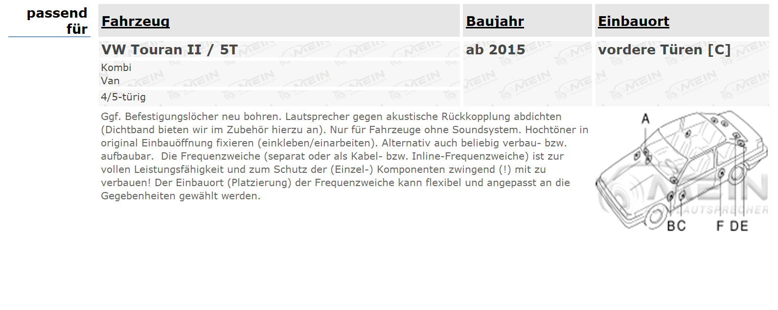 JBL LAUTSPRECHER für VW TOURAN II / 5T ab 2015 Front Vorn 2-Wege 200W