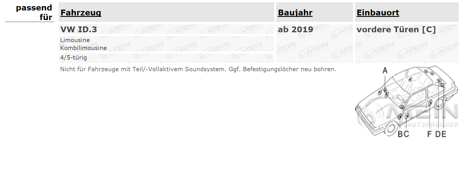 PIONEER LAUTSPRECHER für VW ID.3 ab 2019 Front Tür Vorn 1-Weg 280W 165