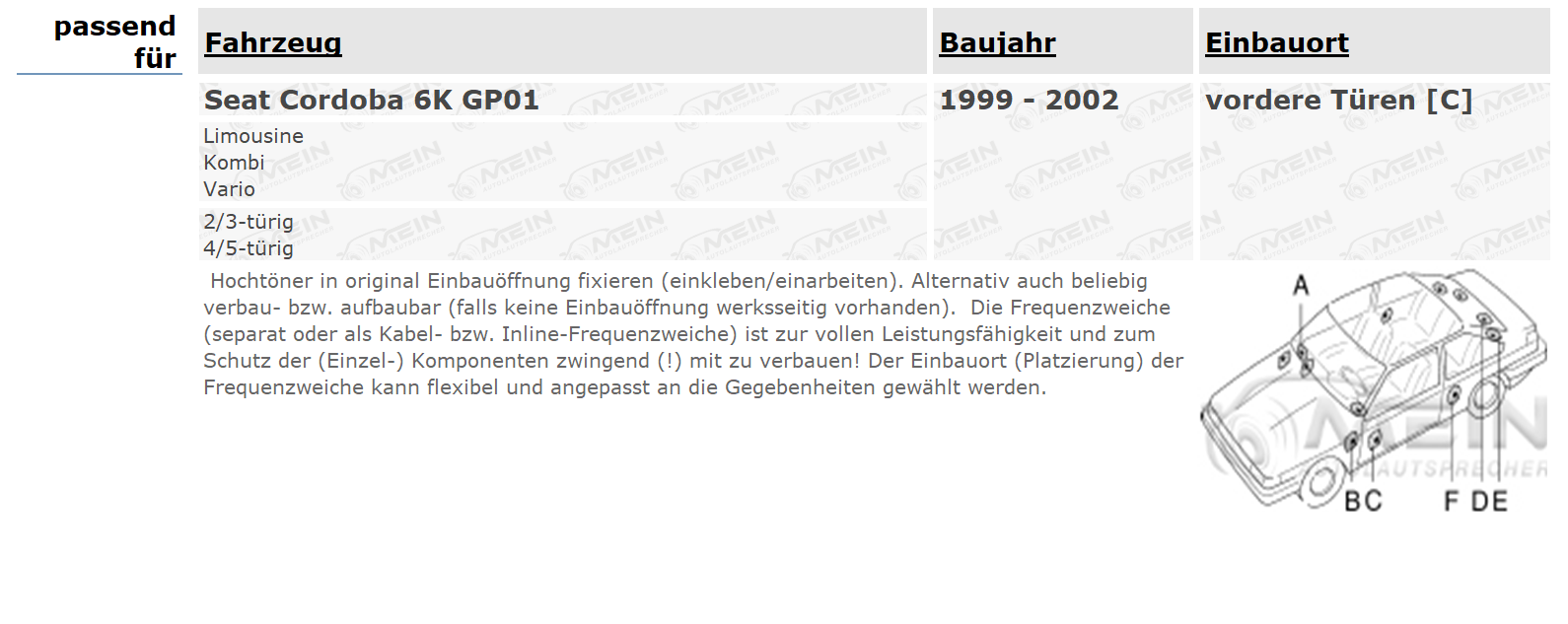 JBL LAUTSPRECHER für SEAT CORDOBA 6K GP01 1999-2002 Front Vorn 200W