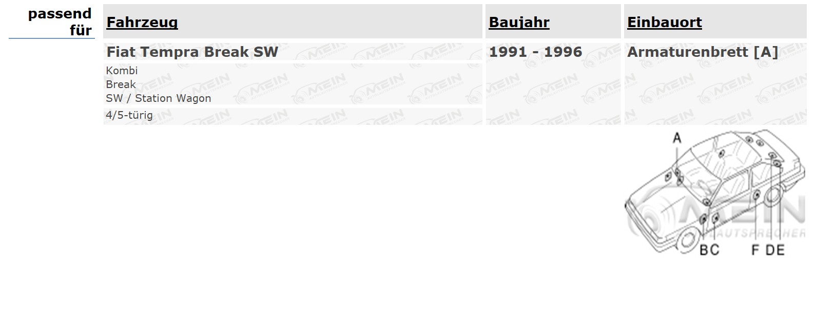 JBL LAUTSPRECHER für FIAT TEMPRA Break SW 1991-1996 Armaturenbrett 100