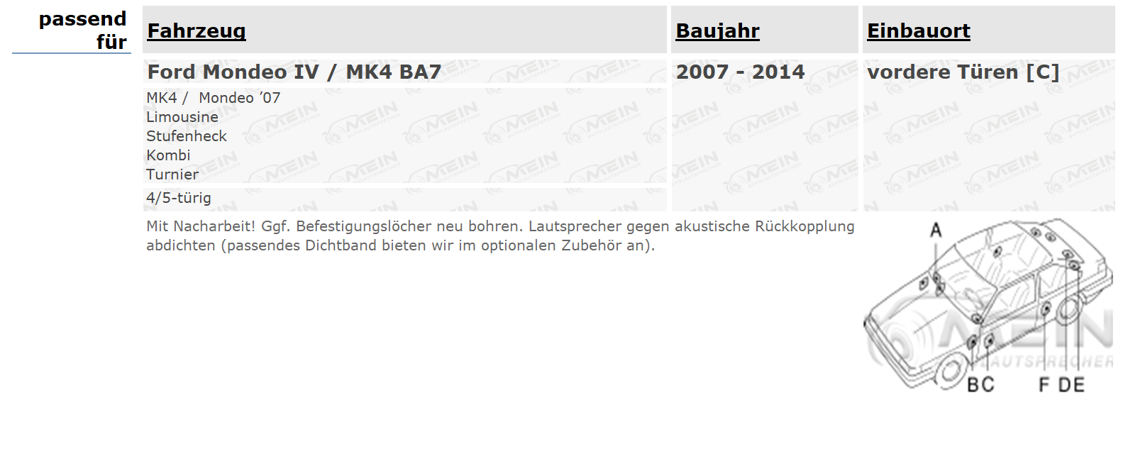 PIONEER LAUTSPRECHER für FORD MONDEO IV / MK4 BA7 2007-2014 Vorn Tür