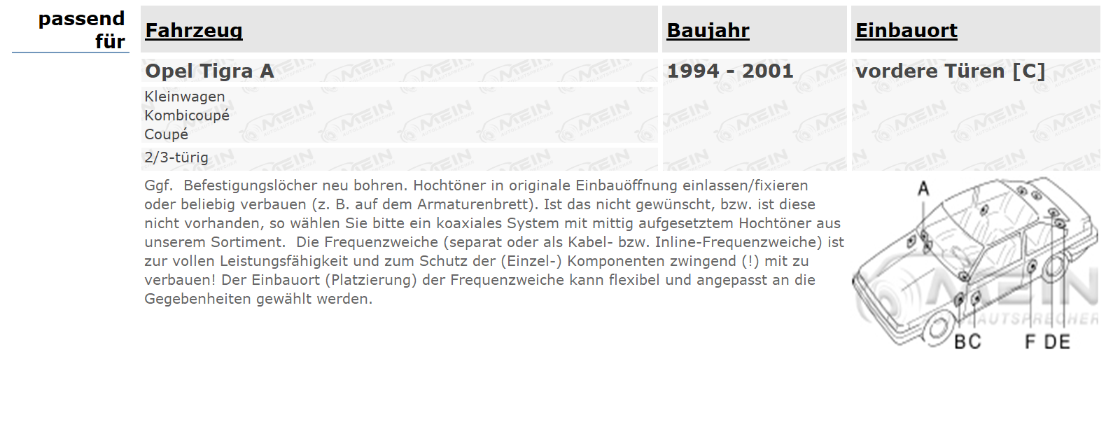JBL LAUTSPRECHER für OPEL TIGRA A 1994-2001 Front Vorn Tür 2-Wege 180W