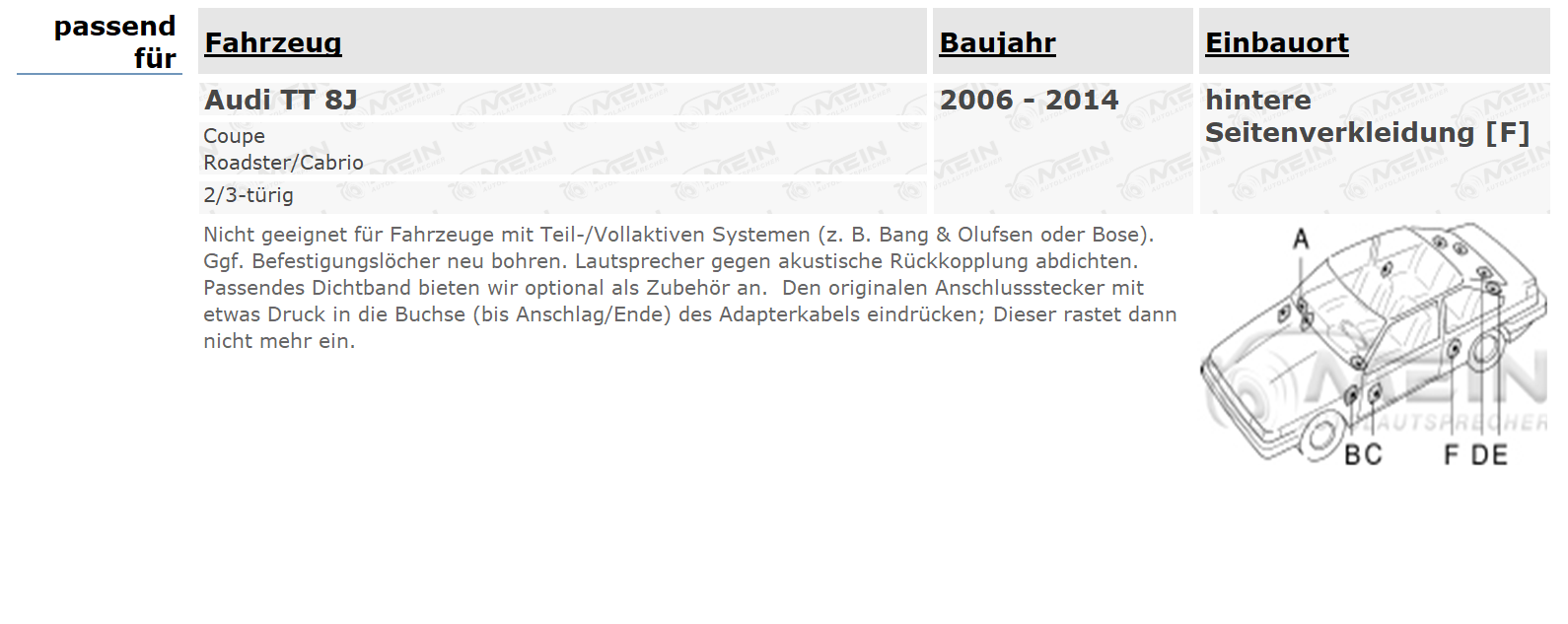SINUSTEC LAUTSPRECHER für AUDI TT 8J 2006-2014 Heck Hinten 2-Wege 300W