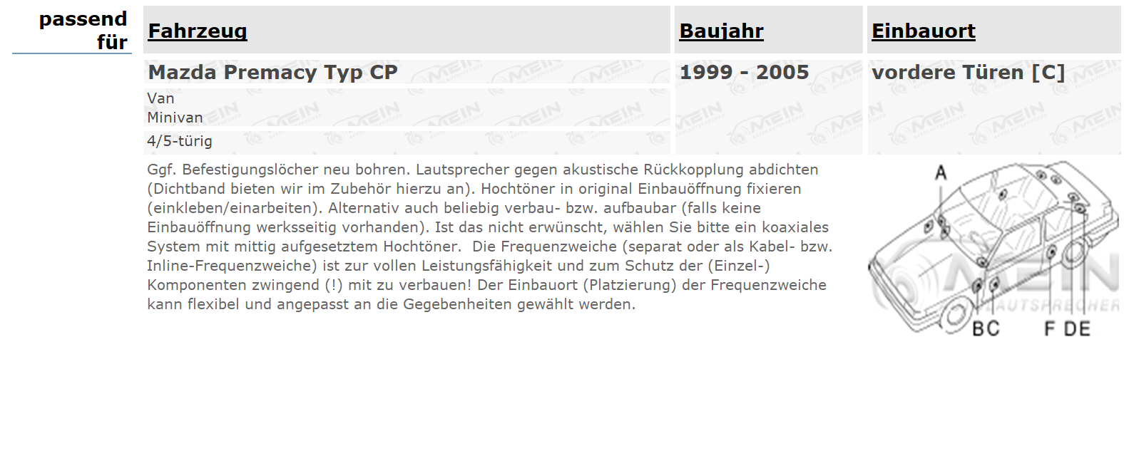 JBL LAUTSPRECHER für MAZDA PREMACY Typ CP 1999-2005 Front Tür 180W 165