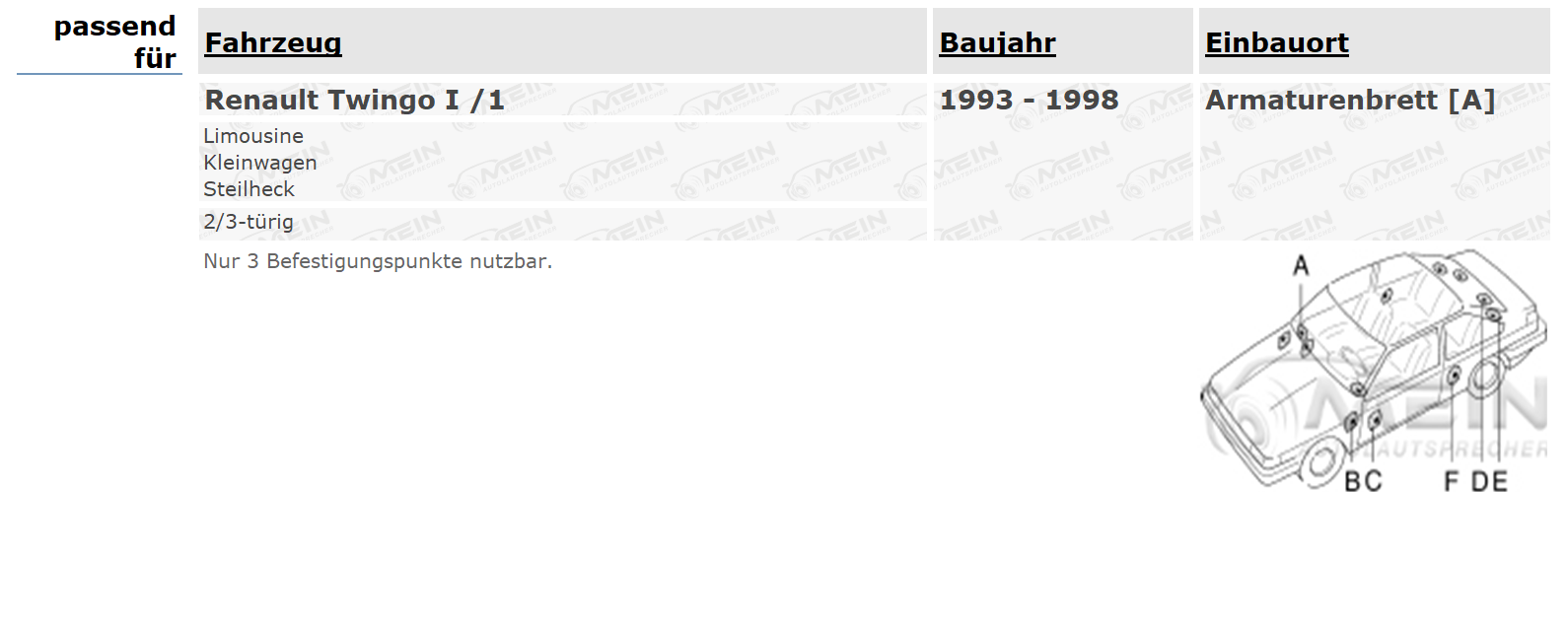 JBL LAUTSPRECHER für RENAULT TWINGO I /1 1993-1998 Armaturenbrett 90W