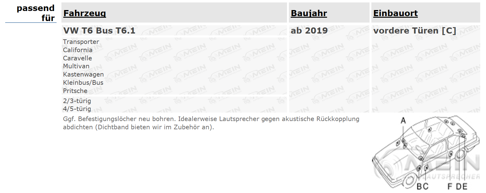 JBL LAUTSPRECHER für VW T6 Bus T6.1 ab 2019 Front Tür Vorn 2-Wege 225W