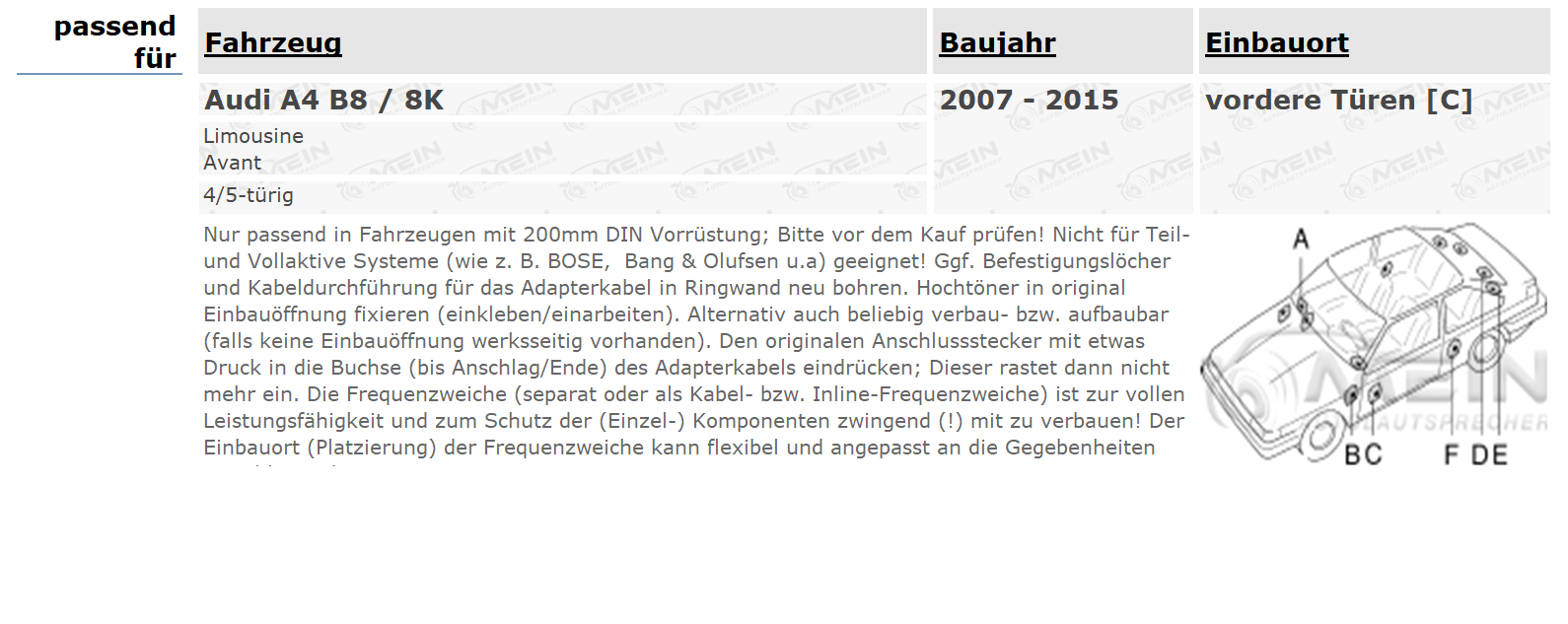 JBL LAUTSPRECHER für AUDI A4 B8 / 8K 2007-2015 Front Vorn 2-Wege 200W
