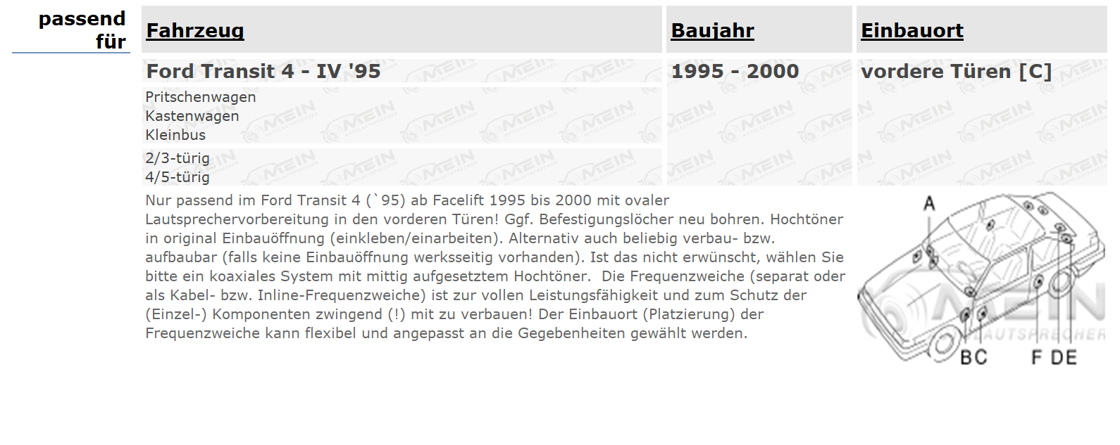 PIONEER LAUTSPRECHER für FORD TRANSIT 4 - IV '95 1995-2000 Front Tür
