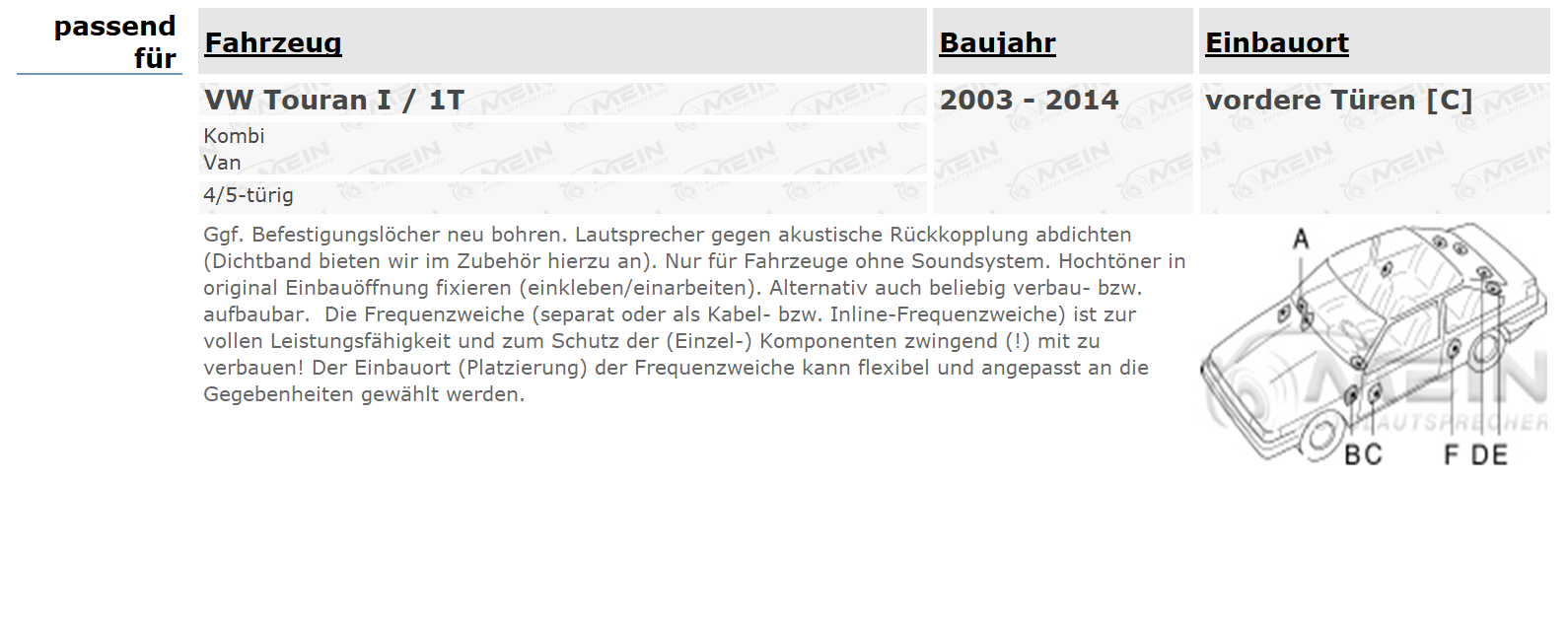 JBL LAUTSPRECHER für VW TOURAN I / 1T 2003-2014 Front Vorn 2-Wege 250W