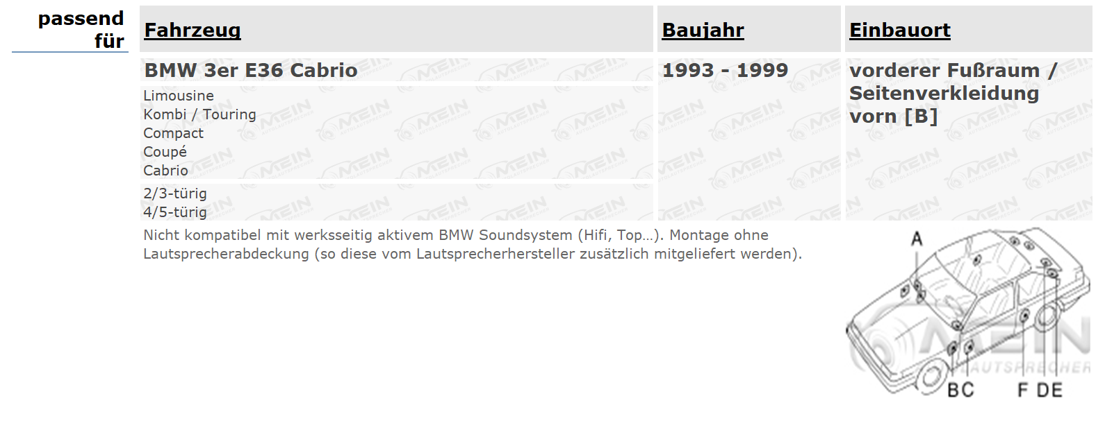 PIONEER LAUTSPRECHER für BMW 3ER E36 Cabrio 1993-1999 Fußraum Front