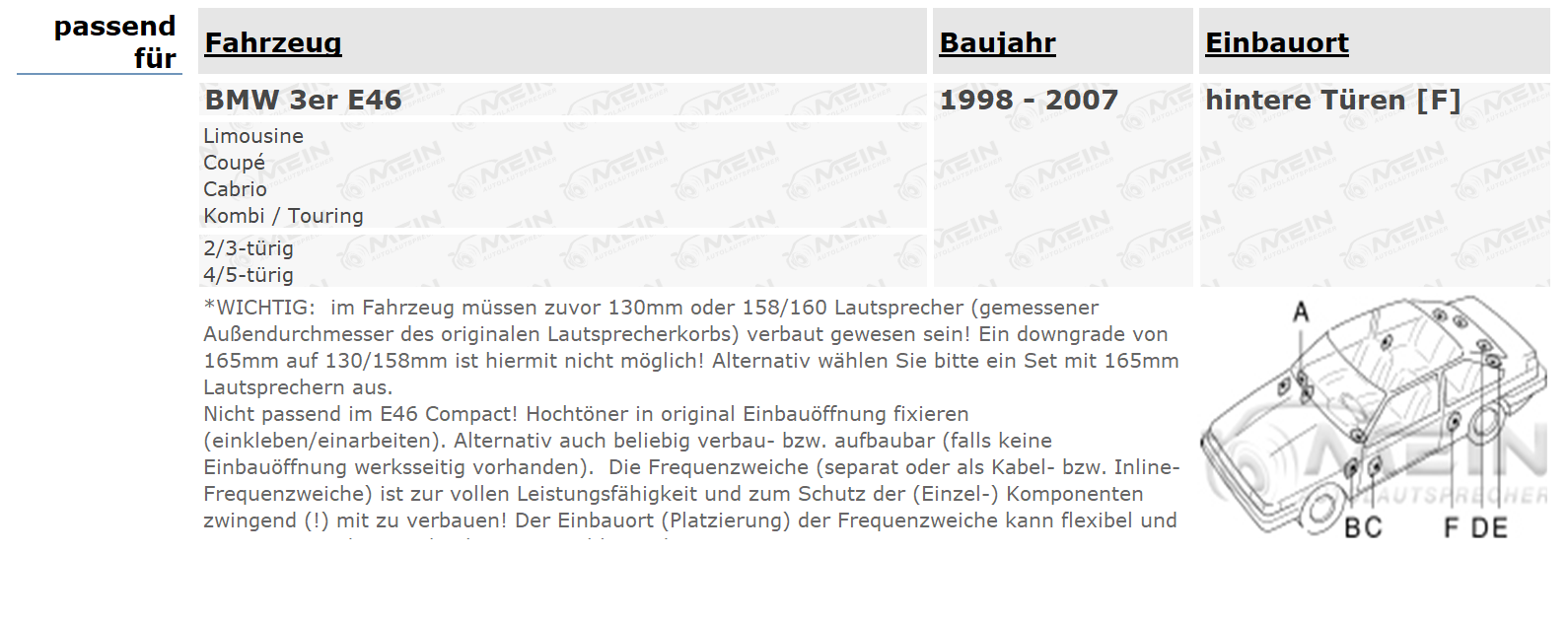 SINUSTEC LAUTSPRECHER für BMW 3ER E46 1998-2007 Heck Tür 2-Wege 250W