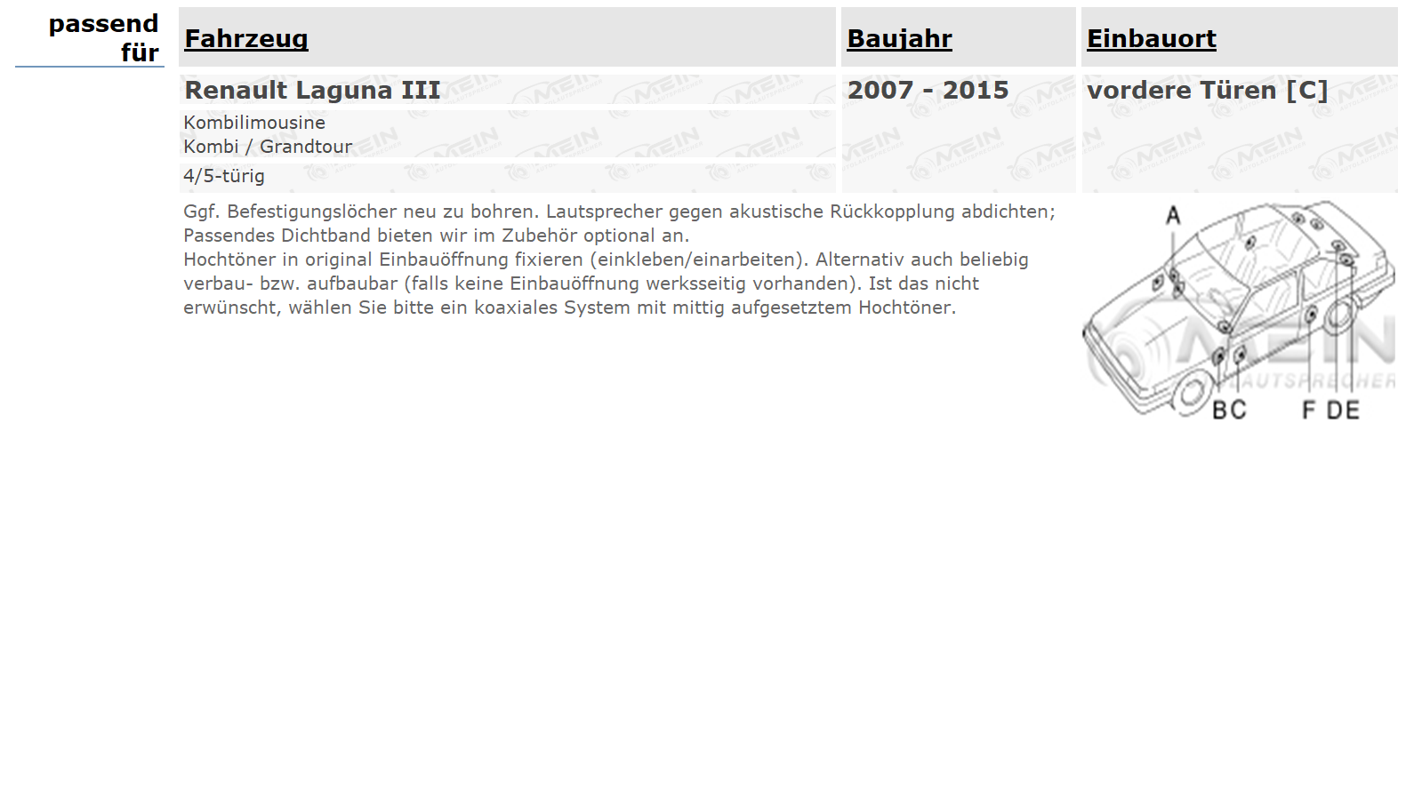 ALPINE LAUTSPRECHER für RENAULT LAGUNA III 2007-2015 Front Vorn 280W