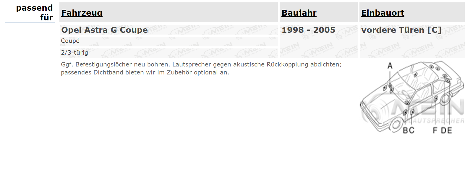 JBL LAUTSPRECHER für OPEL ASTRA G Coupe 1998-2005 Front Tür Vorn 180W